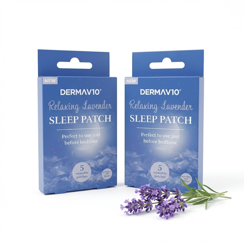 Derma V10 Relaxing Lavender Sleep Patch, two packs with a sprig of lavender